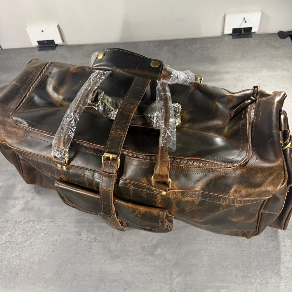 The Leather Farm Duffel Bag Mens Large Brown Leather Weekender Travel Luggage
